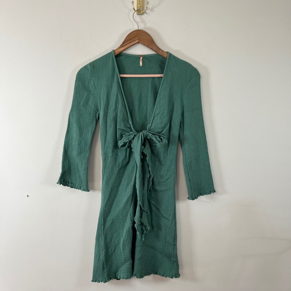 Free People Kianni Mini Dress Tie Front Mermaid Green Womens Small Boho Beachy